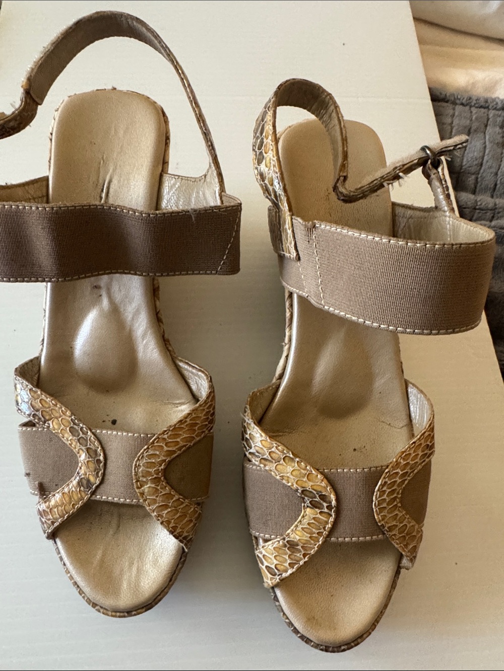 Aquatalia Neutral Tan Snake-Accent Wedge Sandals